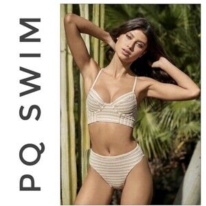 NWT PQ Swim 2 Piece Shimmering New Earth Striped Bikini Swimsuit Set Sz L/D